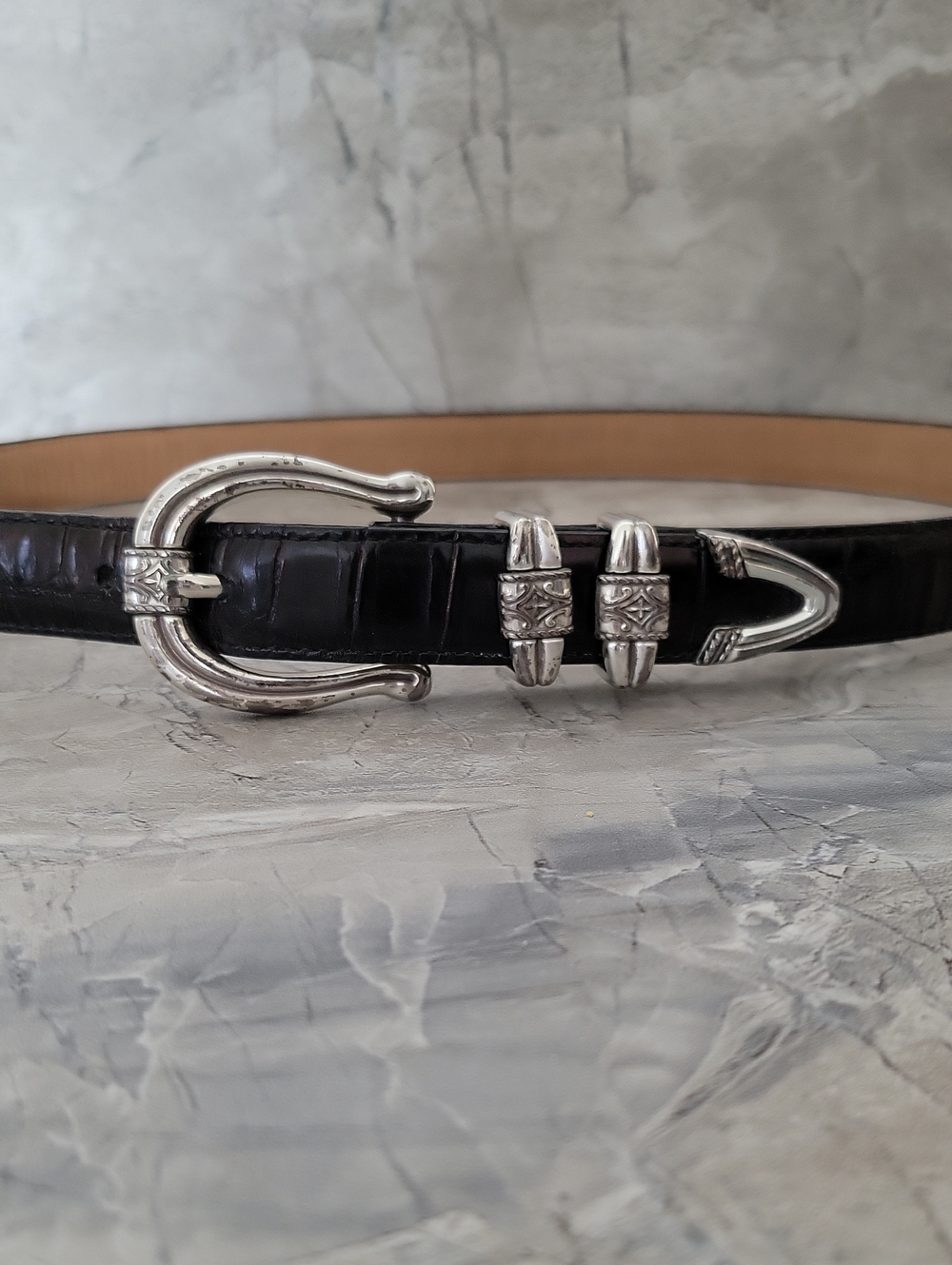 Brighton Black Leather Silvertone Belt Size ML/32